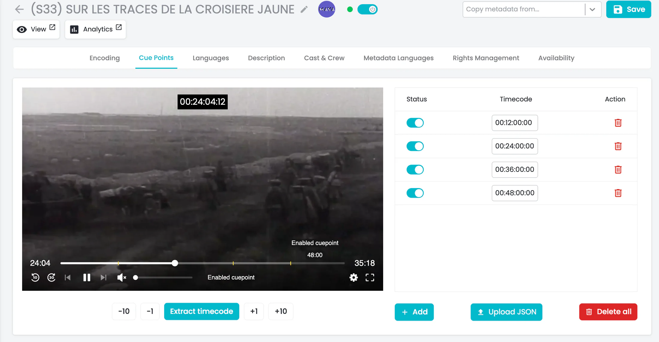 Interface OKAST Channels montrant le placement et la vérification de cue points publicitaires sur une vidéo.