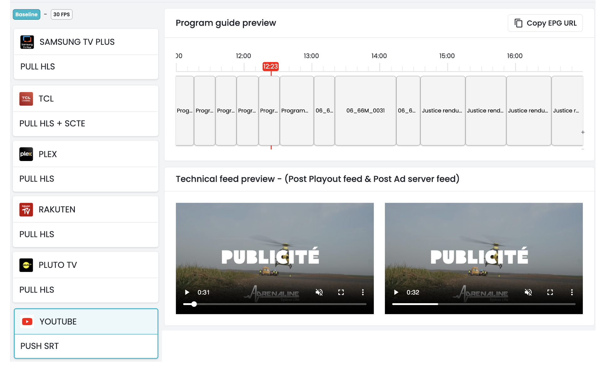 Tableau de contrôle OKAST Channels listant les distributions d’une chaîne avec aperçu en temps réel de l’EPG et des flux vidéo après playout et insertion publicitaire.