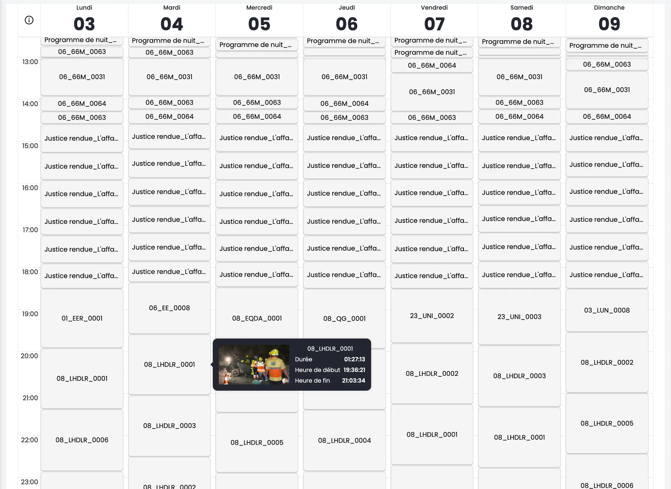 Calendrier hebdomadaire OKAST Channels présentant les programmes d’une chaîne sur sept jours.