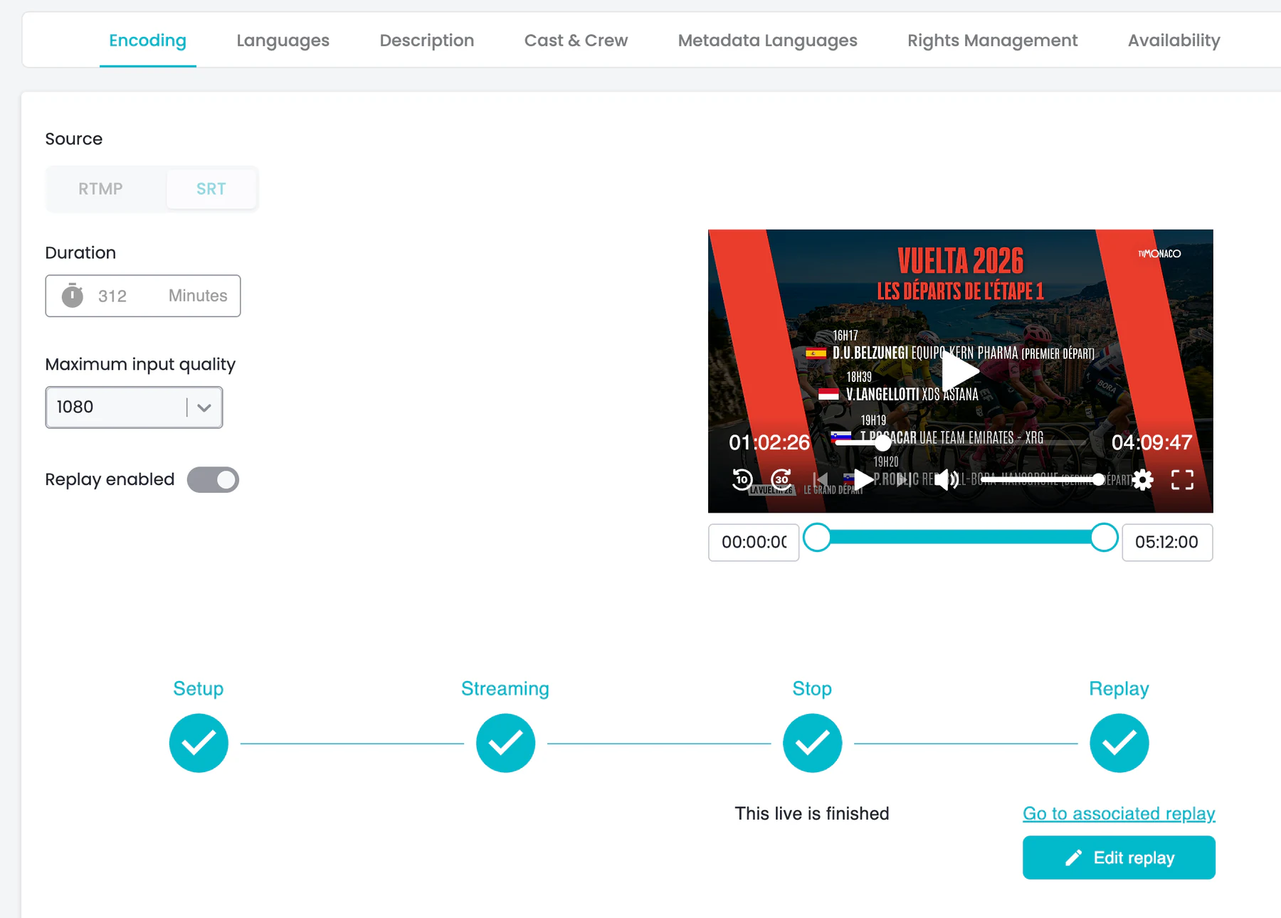 OKAST interface showing live configuration and transition to replay